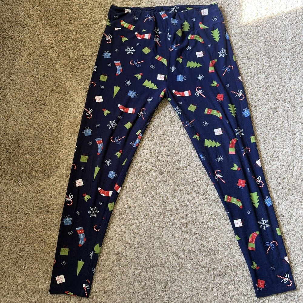 LuLaRoe TC2 Leggings Navy Blue Christmas Tree Stockings Candy Cane snowflake TC2